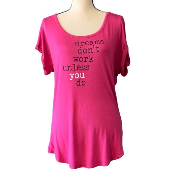Pink Lotus Pink SS Shirt "Dreams don't work..." Open Faux Wrap Back Size Large - Picture 1 of 5